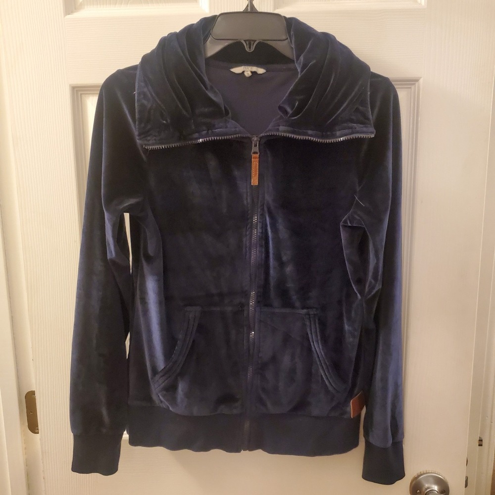 BKE blue velour jacket sz S full zip long slv light weight cozy athleisure retro